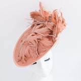 Terracotta dusty pink large feather saucer disc fascinator hat