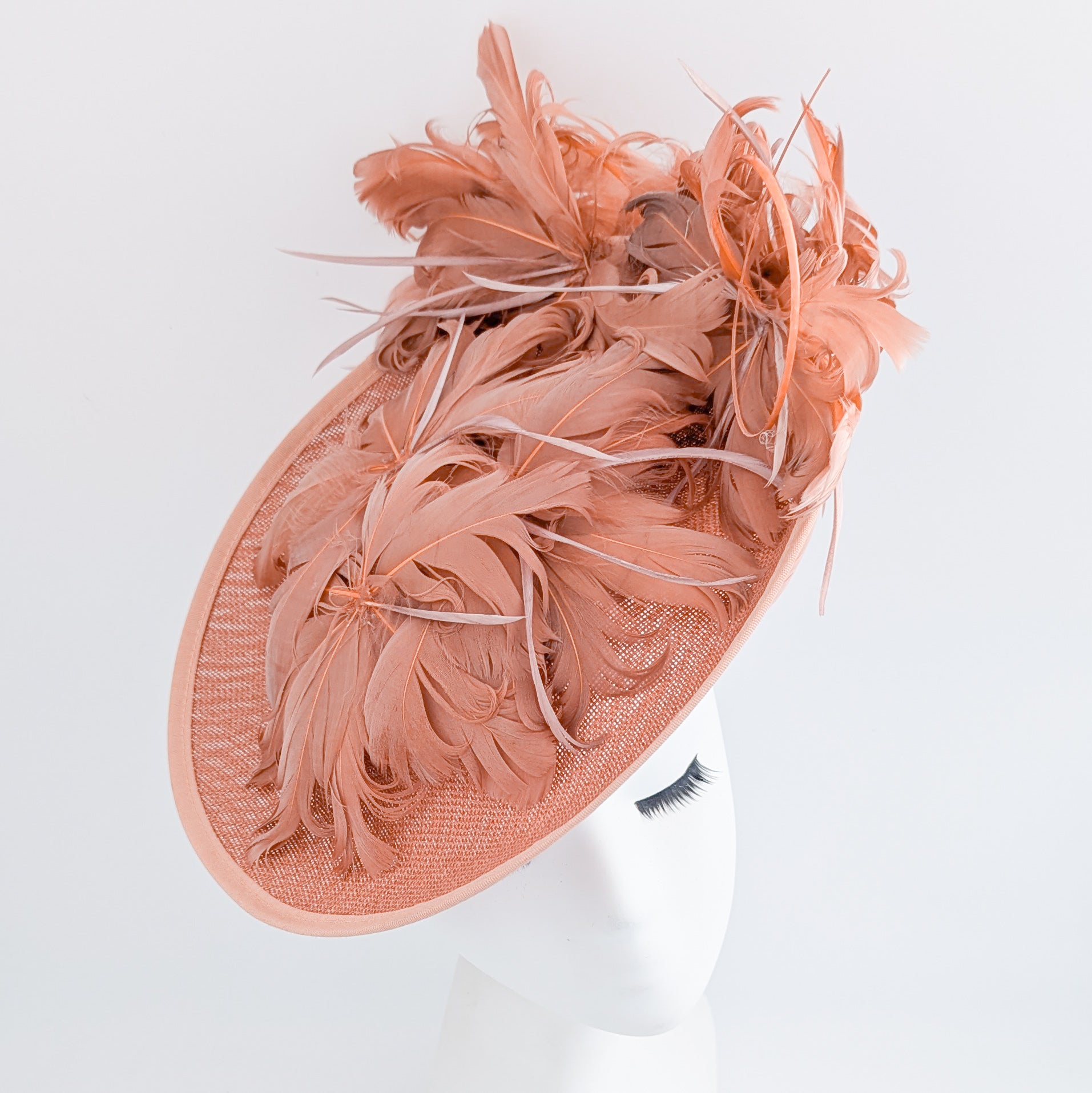 Terracotta dusty pink large feather saucer disc fascinator hat