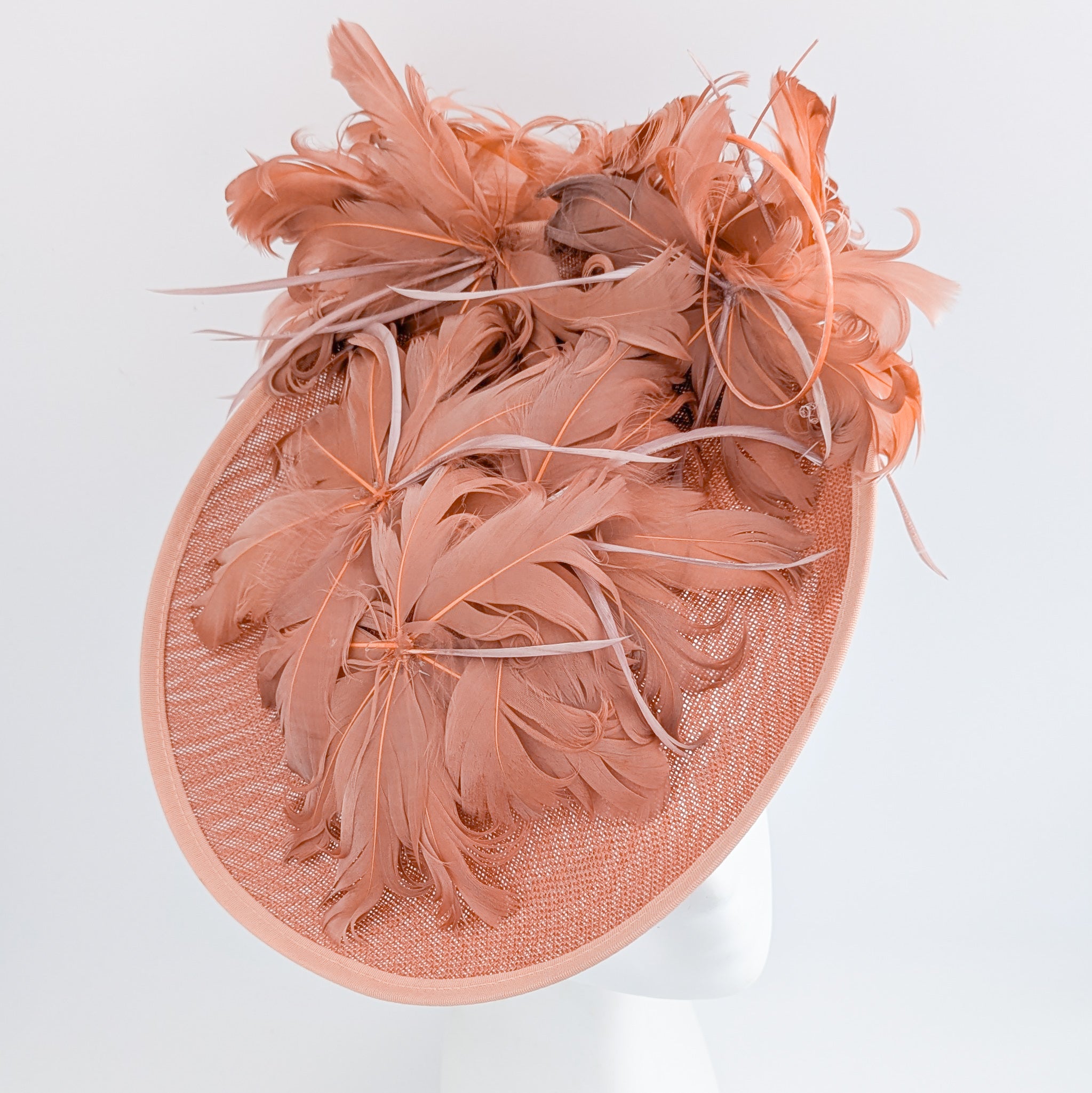 Terracotta dusty pink large feather saucer disc fascinator hat