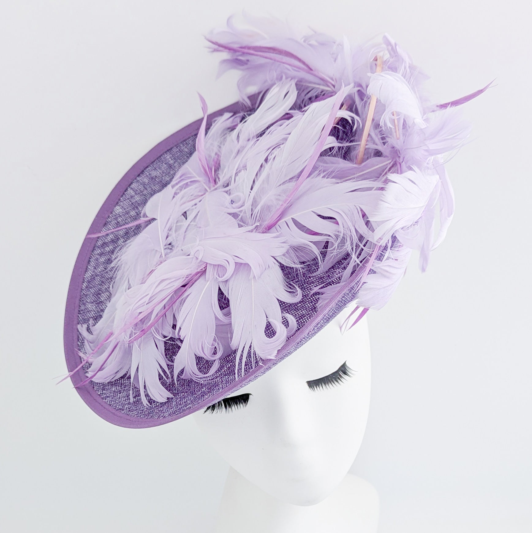 Lavender purple and lilac feather large saucer disc fascinator hat