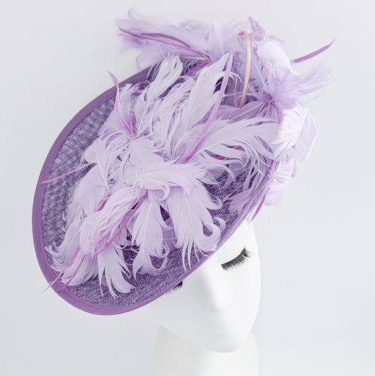 Lavender purple and lilac feather large saucer disc fascinator hat