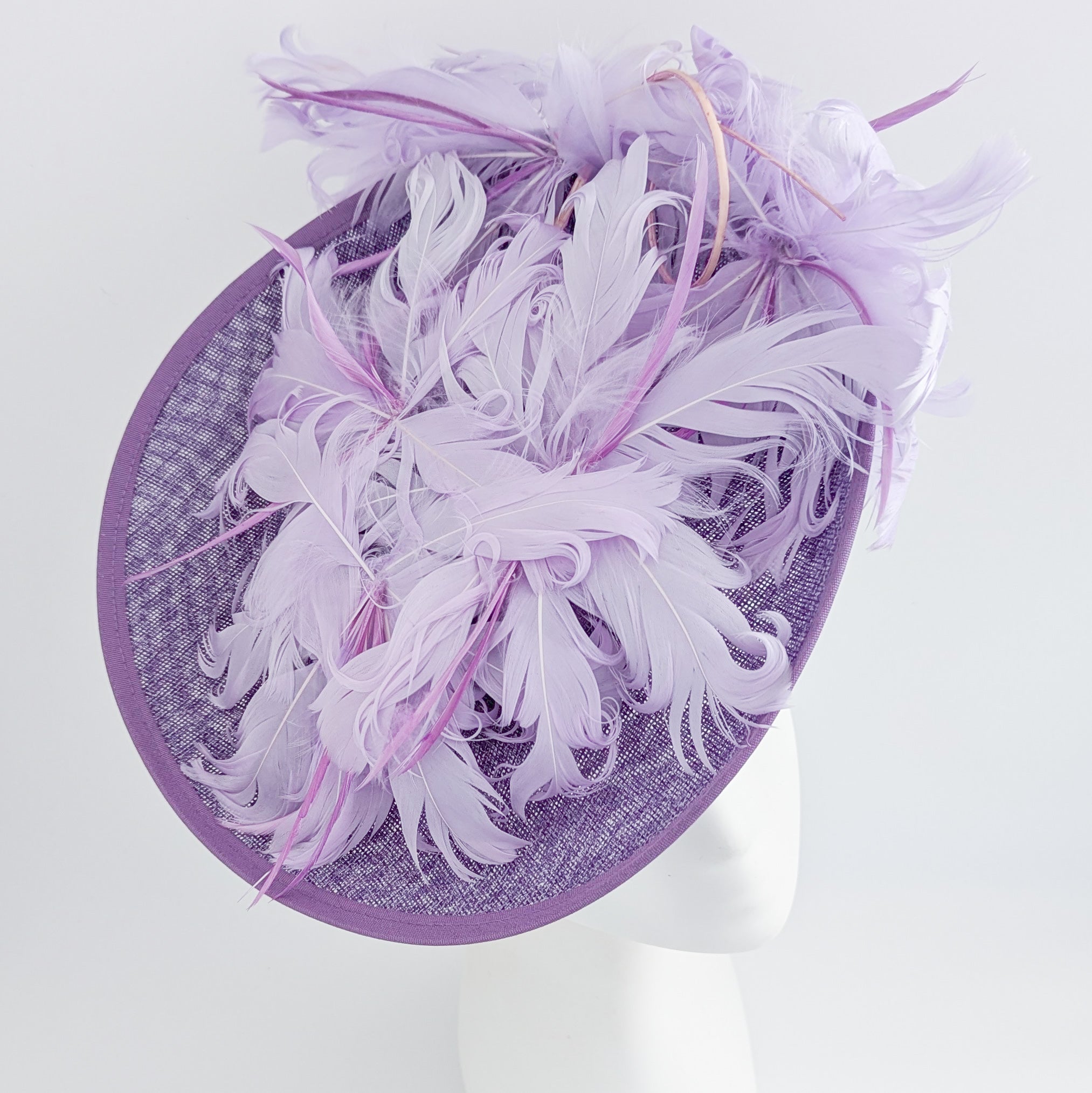 Lavender purple and lilac feather large saucer disc fascinator hat