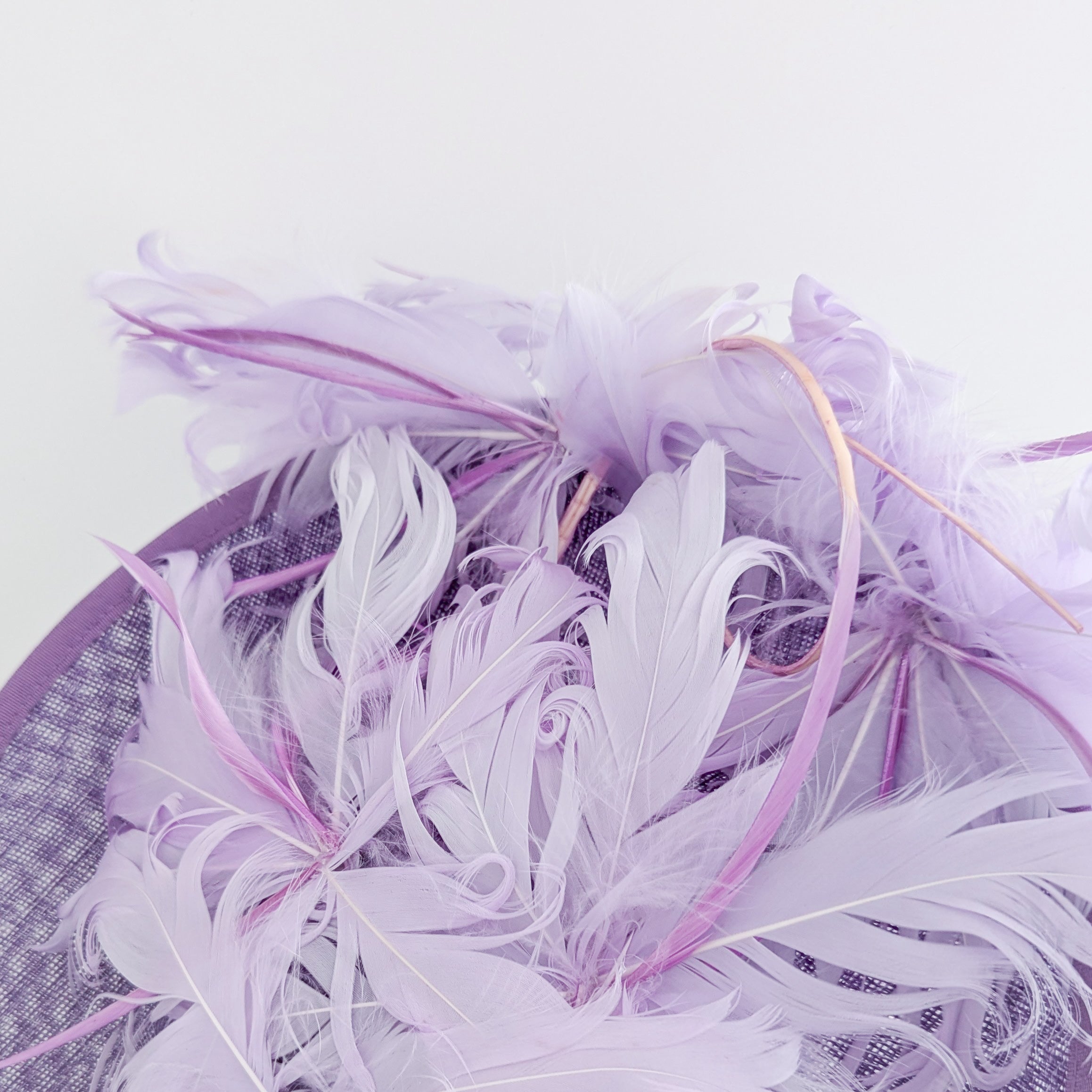 Lavender purple and lilac feather large saucer disc fascinator hat