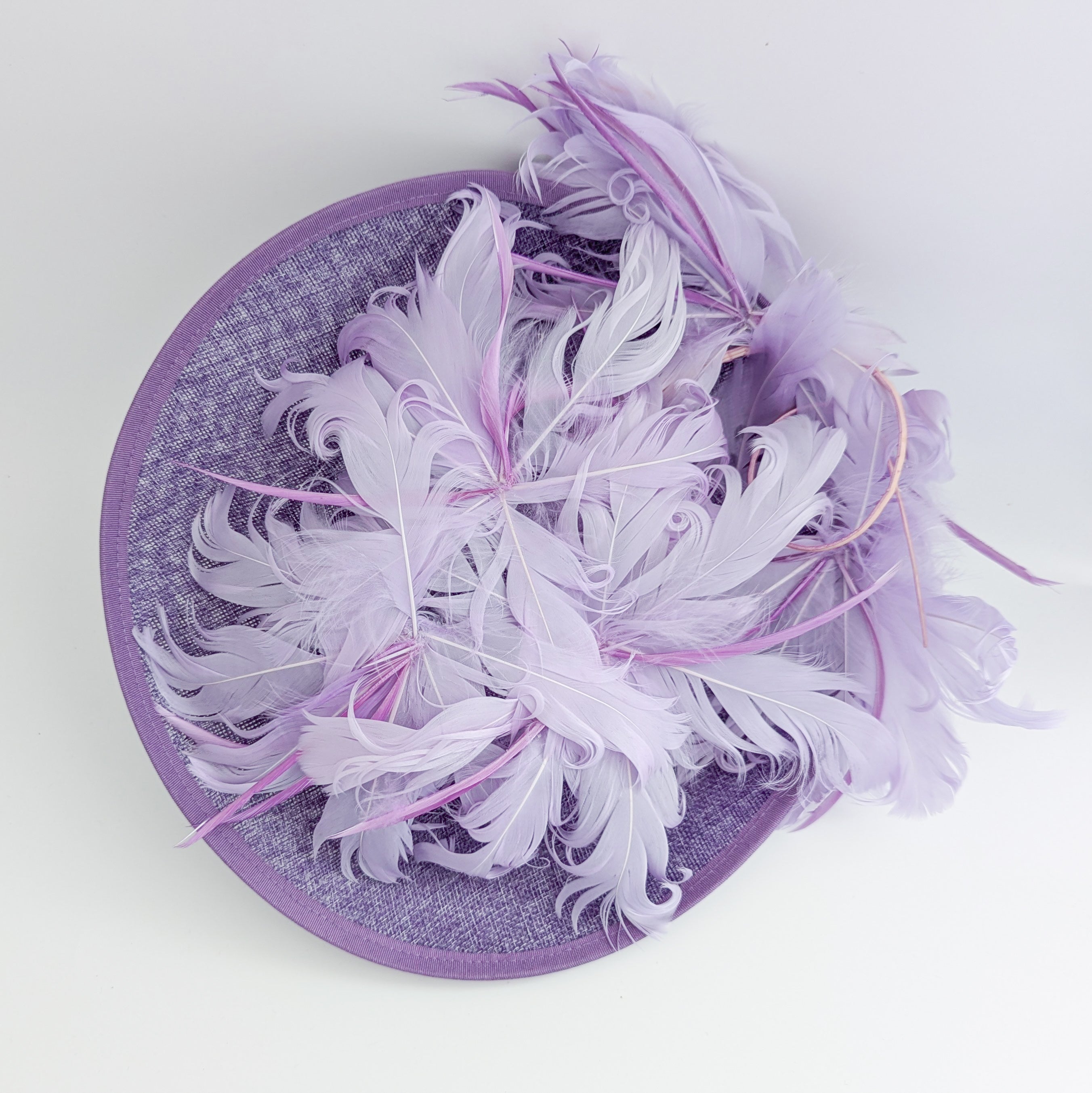 Lavender purple and lilac feather large saucer disc fascinator hat