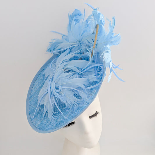 Light cornflower blue large feather saucer disc fascinator hat
