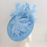 Light cornflower blue large feather saucer disc fascinator hat