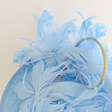 Light cornflower blue large feather saucer disc fascinator hat