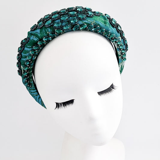 Emerald green crystal padded satin headband fascinator