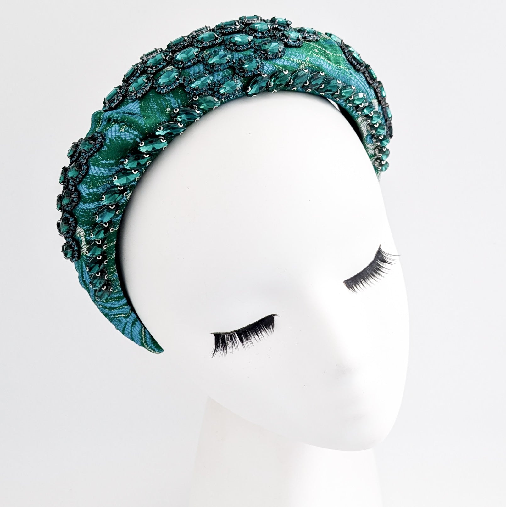 Emerald green crystal padded satin headband fascinator