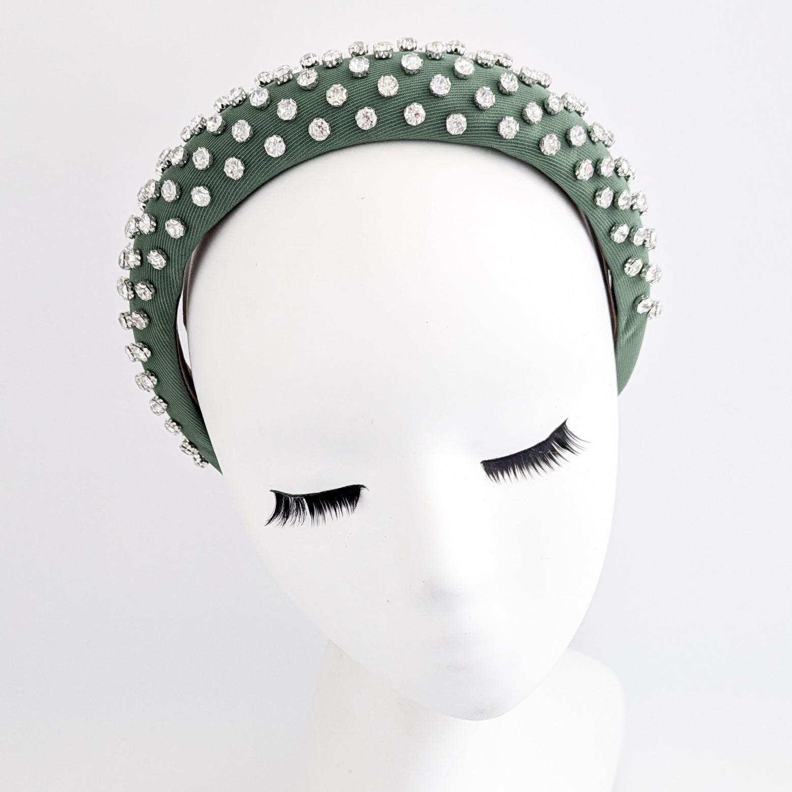 Dark sage green crystal padded headband fascinator
