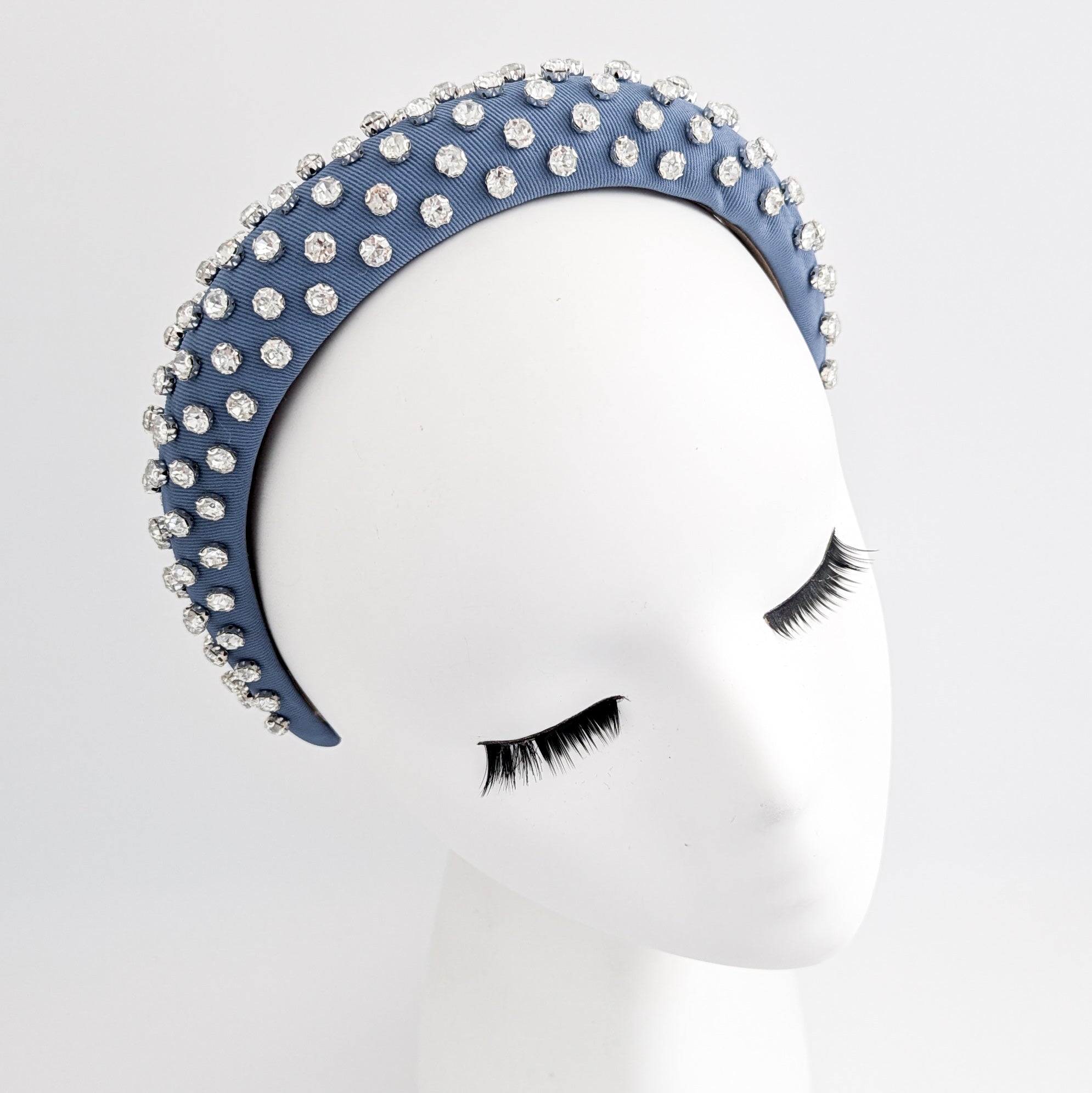Dark dusty blue crystal padded headband fascinator