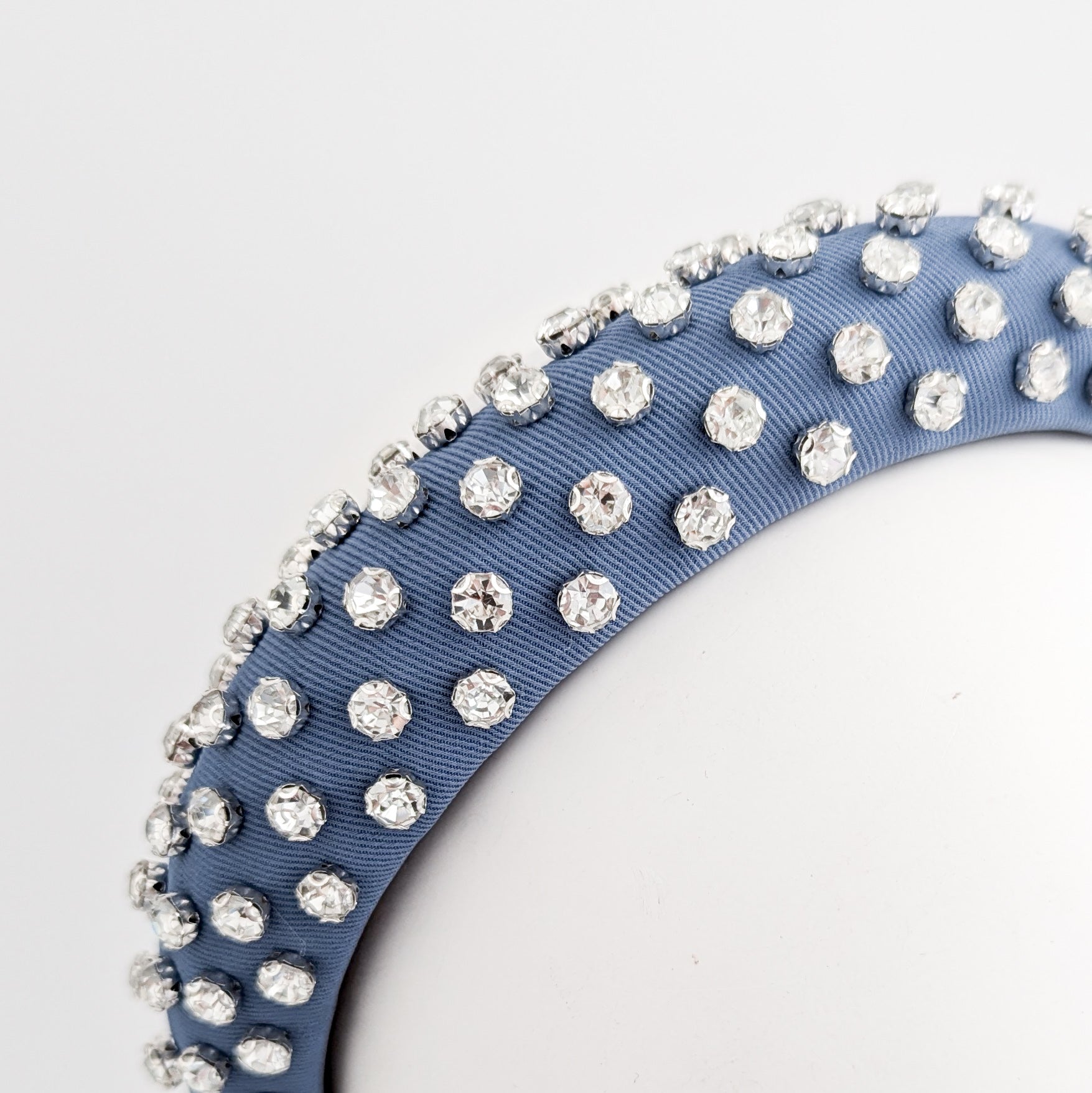 Dark dusty blue crystal padded headband fascinator