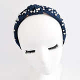 Dark denim crystal pearl knot headband fascinator