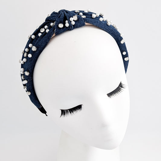 Dark denim crystal pearl knot headband fascinator