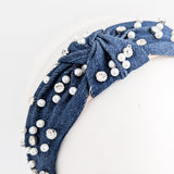 Dark denim crystal pearl knot headband fascinator