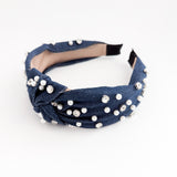 Dark denim crystal pearl knot headband fascinator