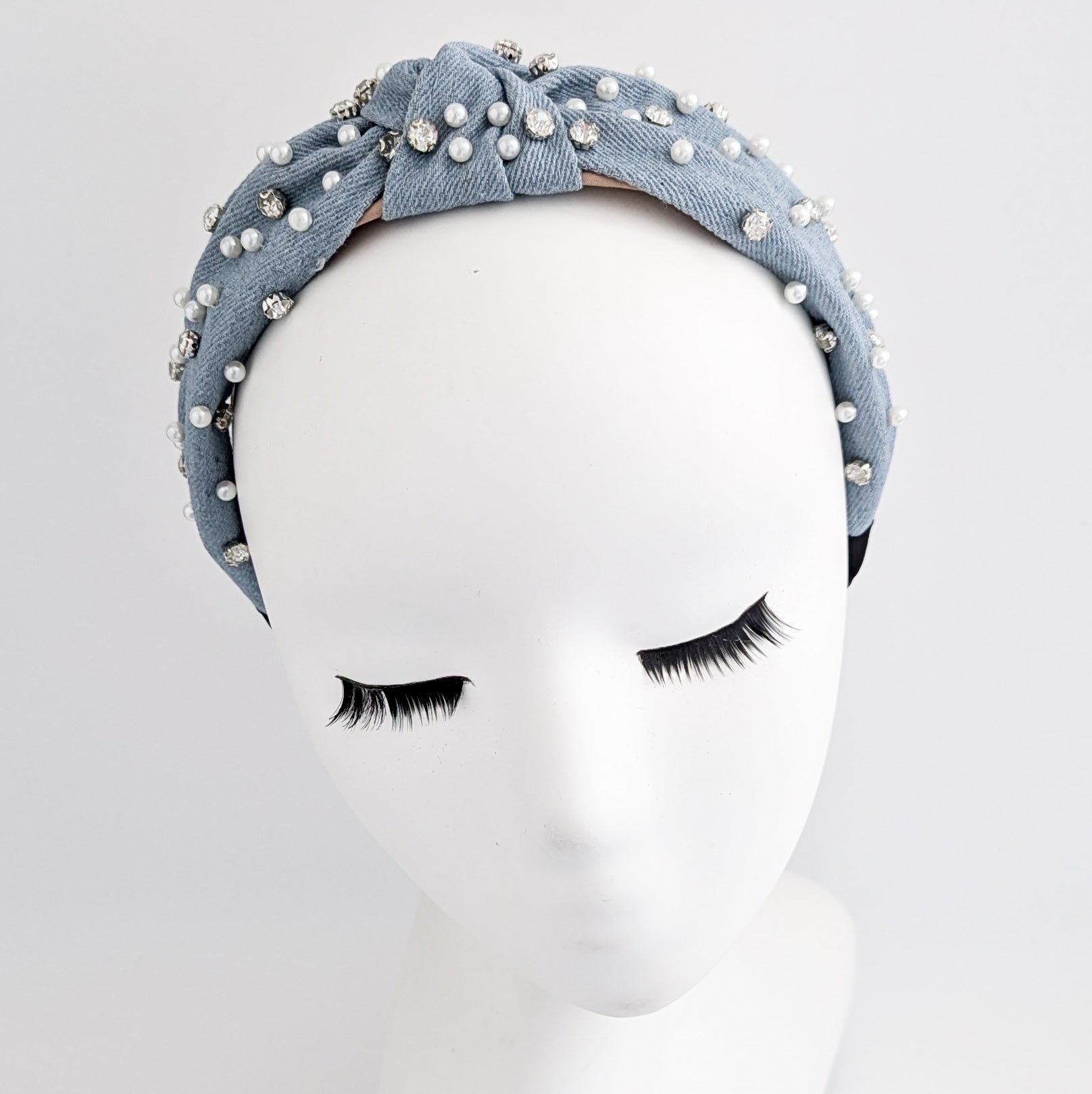 Light denim crystal pearl knot headband fascinator