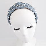 Light denim crystal pearl knot headband fascinator