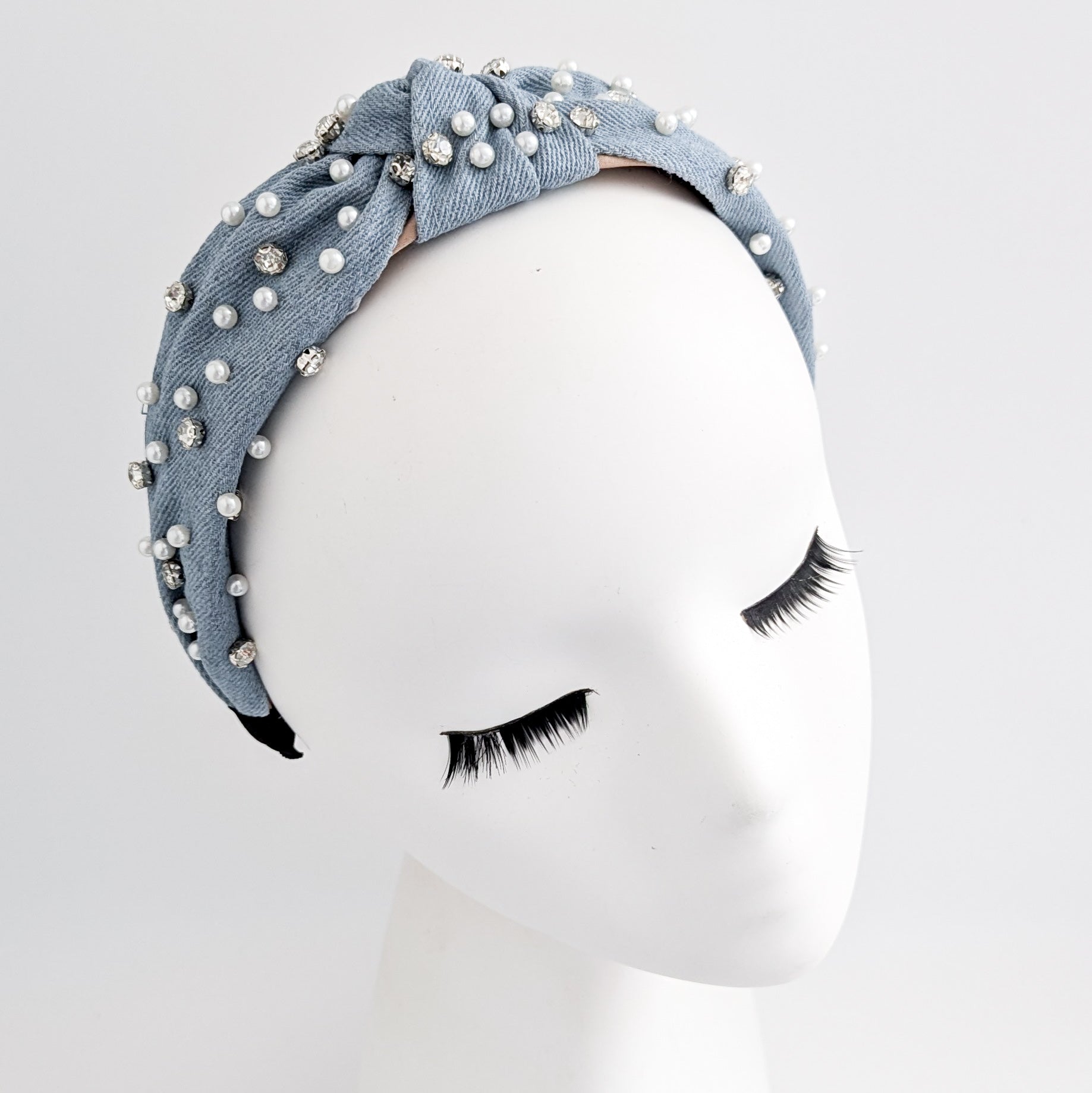 Light denim crystal pearl knot headband fascinator
