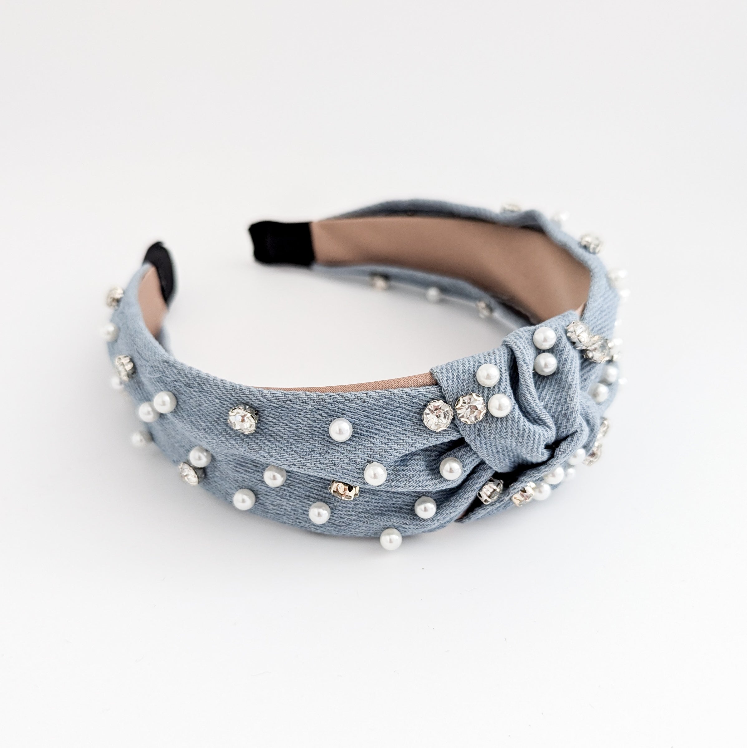 Light denim crystal pearl knot headband fascinator