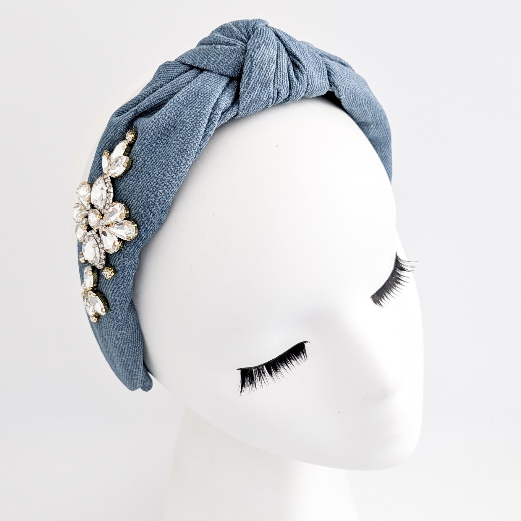 Denim crystal knot headband fascinator