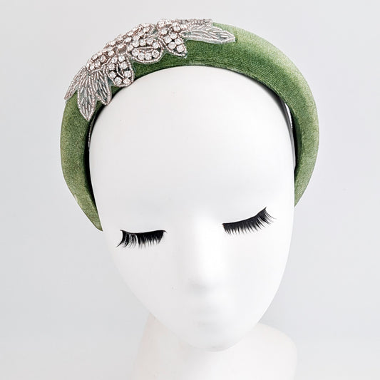 Sage green crystal padded velvet headband fascinator