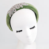 Sage green crystal padded velvet headband fascinator