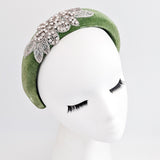 Sage green crystal padded velvet headband fascinator