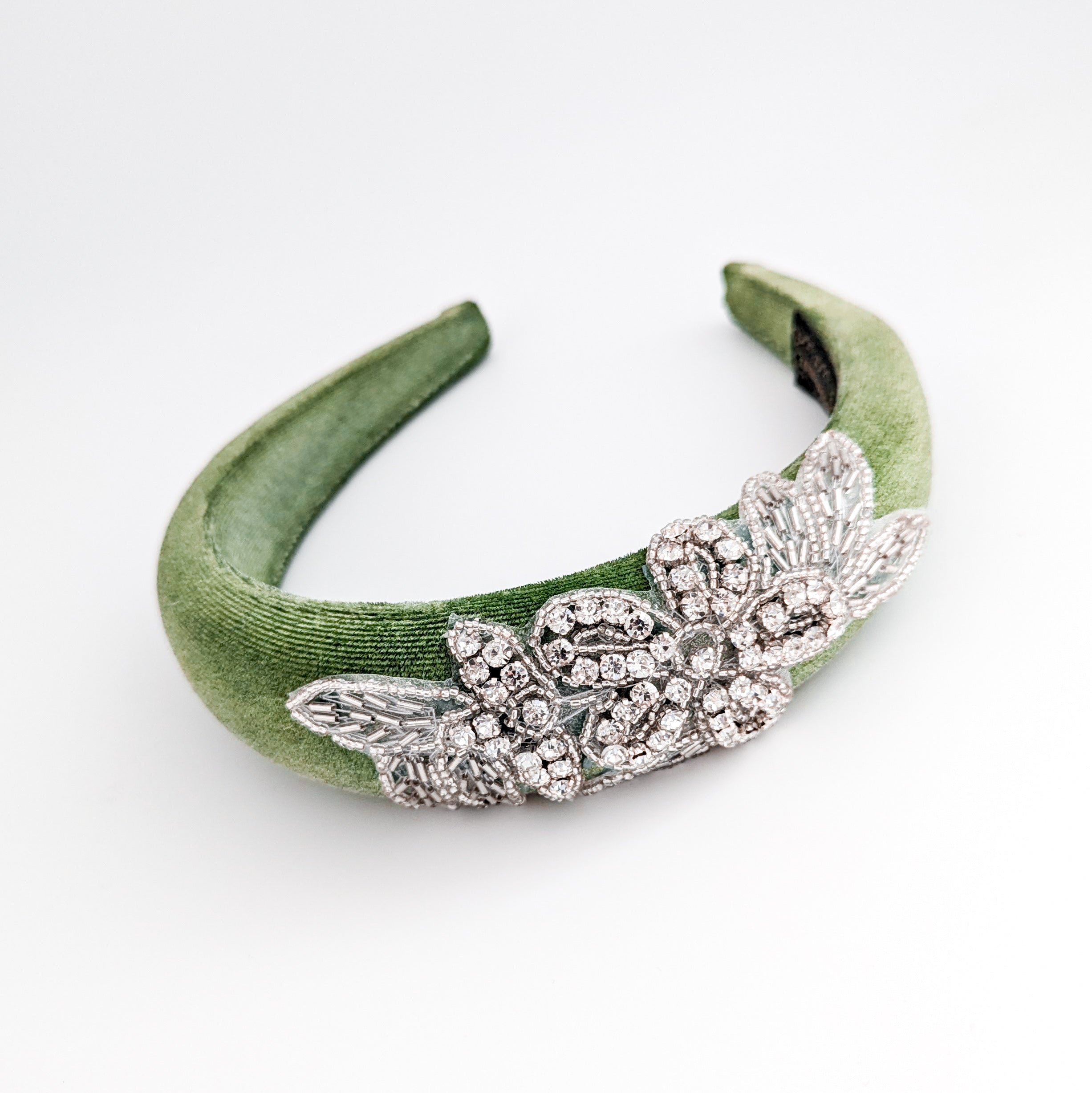 Sage green crystal padded velvet headband fascinator