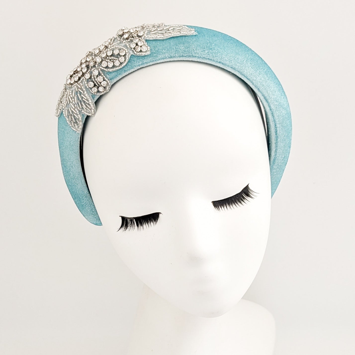 Sky blue crystal padded velvet headband fascinator