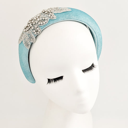 Sky blue crystal padded velvet headband fascinator