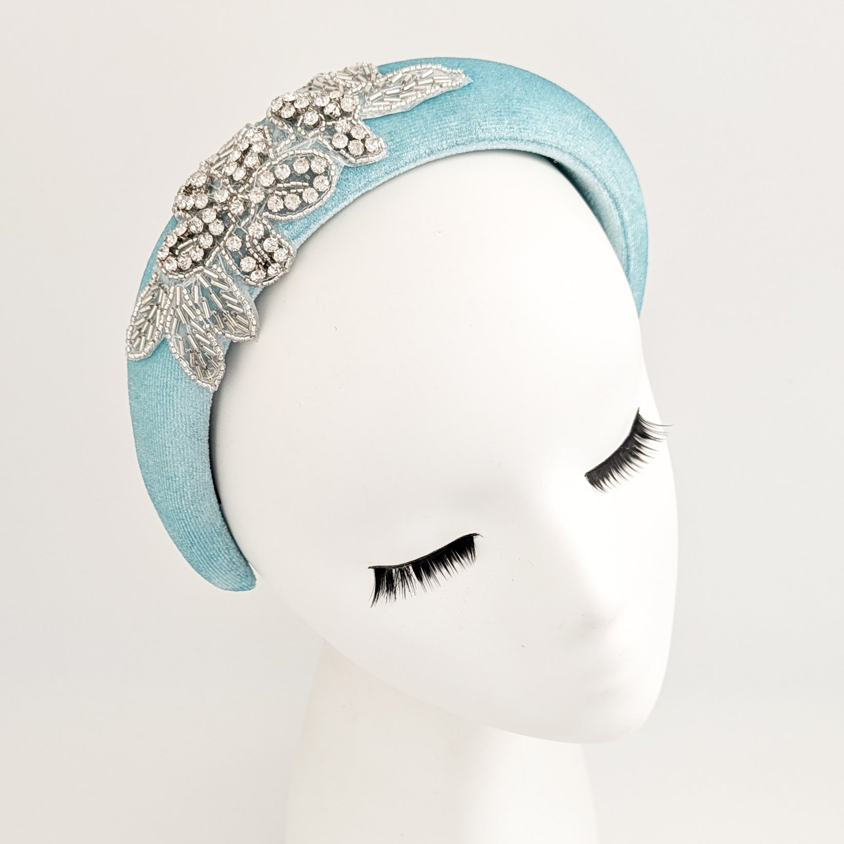 Sky blue crystal padded velvet headband fascinator
