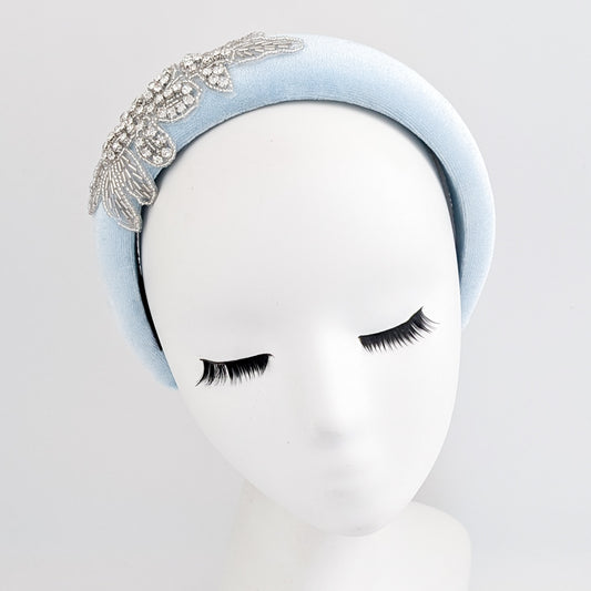 Light baby blue crystal padded velvet headband fascinator