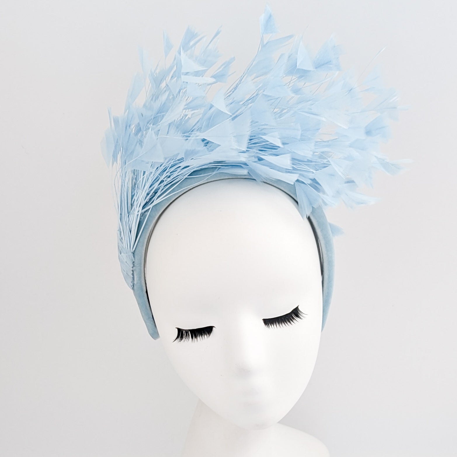 Light cornflower blue feather padded velvet headband fascinator