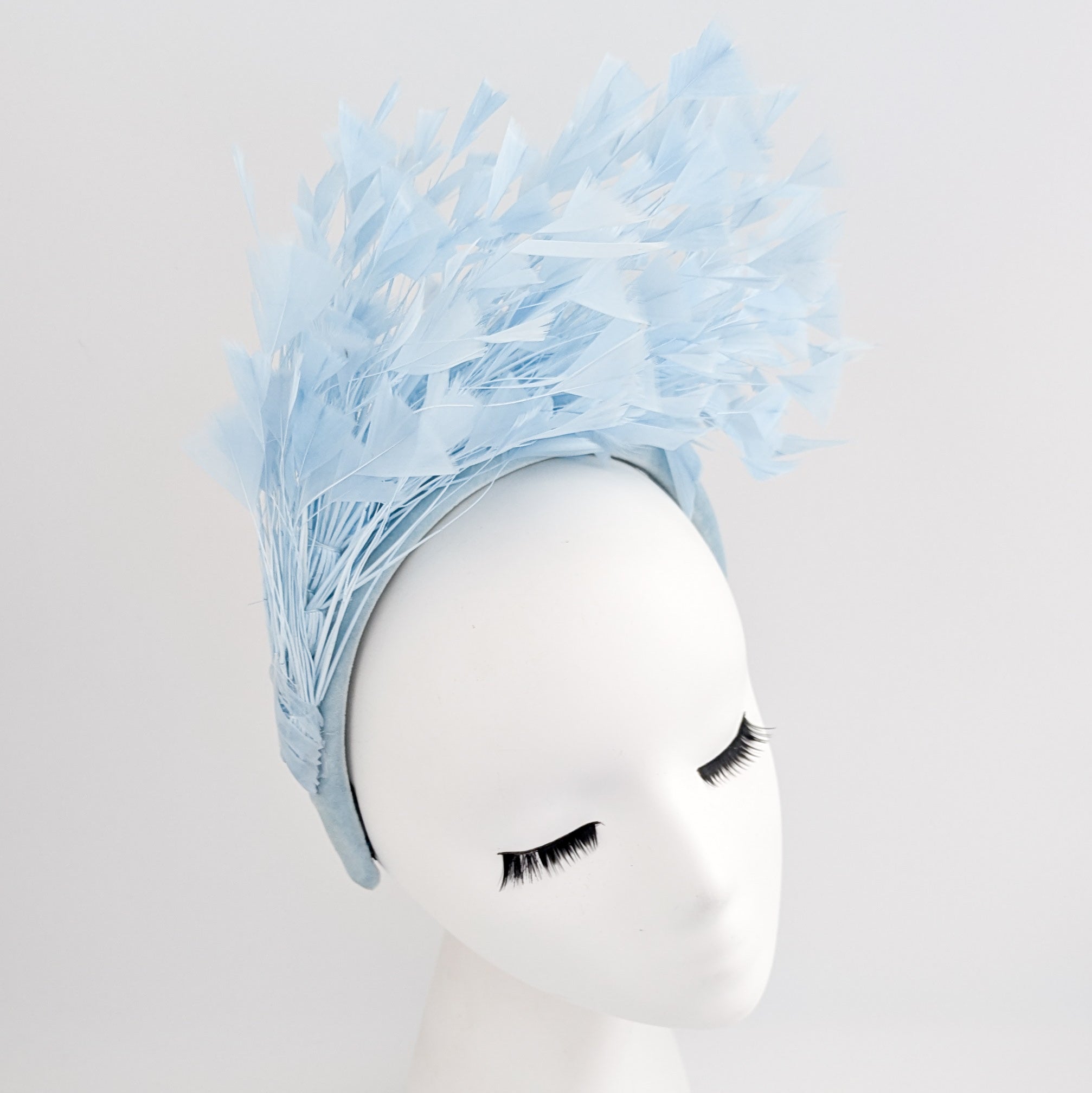 Light cornflower blue feather padded velvet headband fascinator