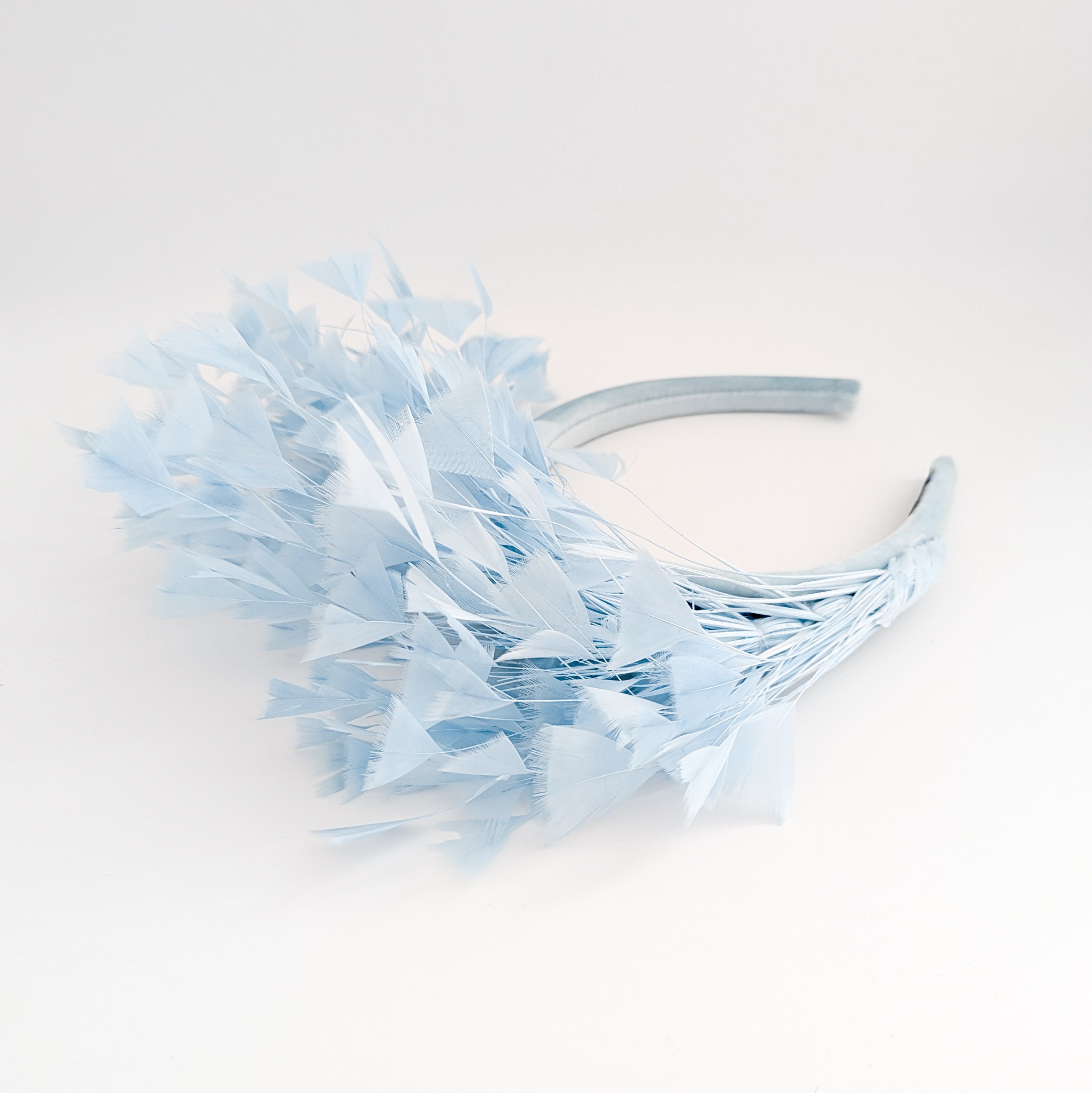 Light cornflower blue feather padded velvet headband fascinator
