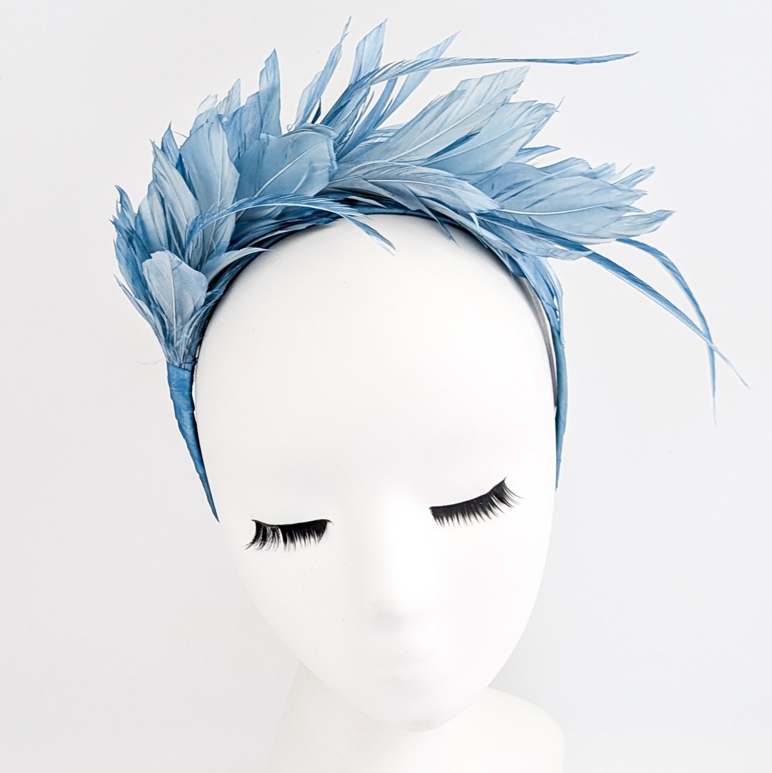 Dusty sea blue feather satin headband fascinator