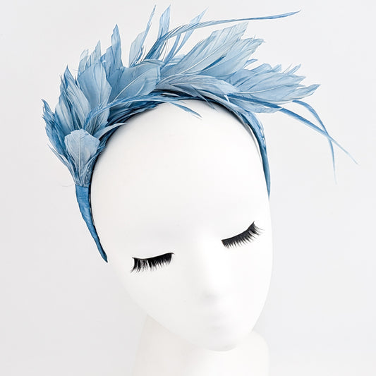 Dusty sea blue feather satin headband fascinator
