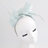 Light aquamarine blue feather satin headband fascinator
