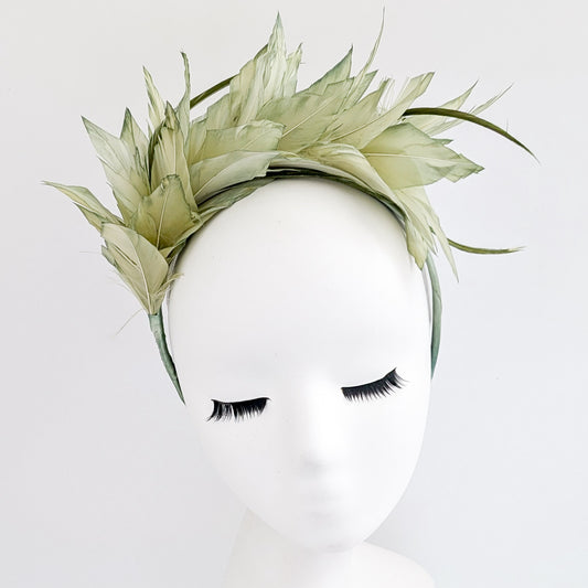 Light green ombre feather satin headband fascinator