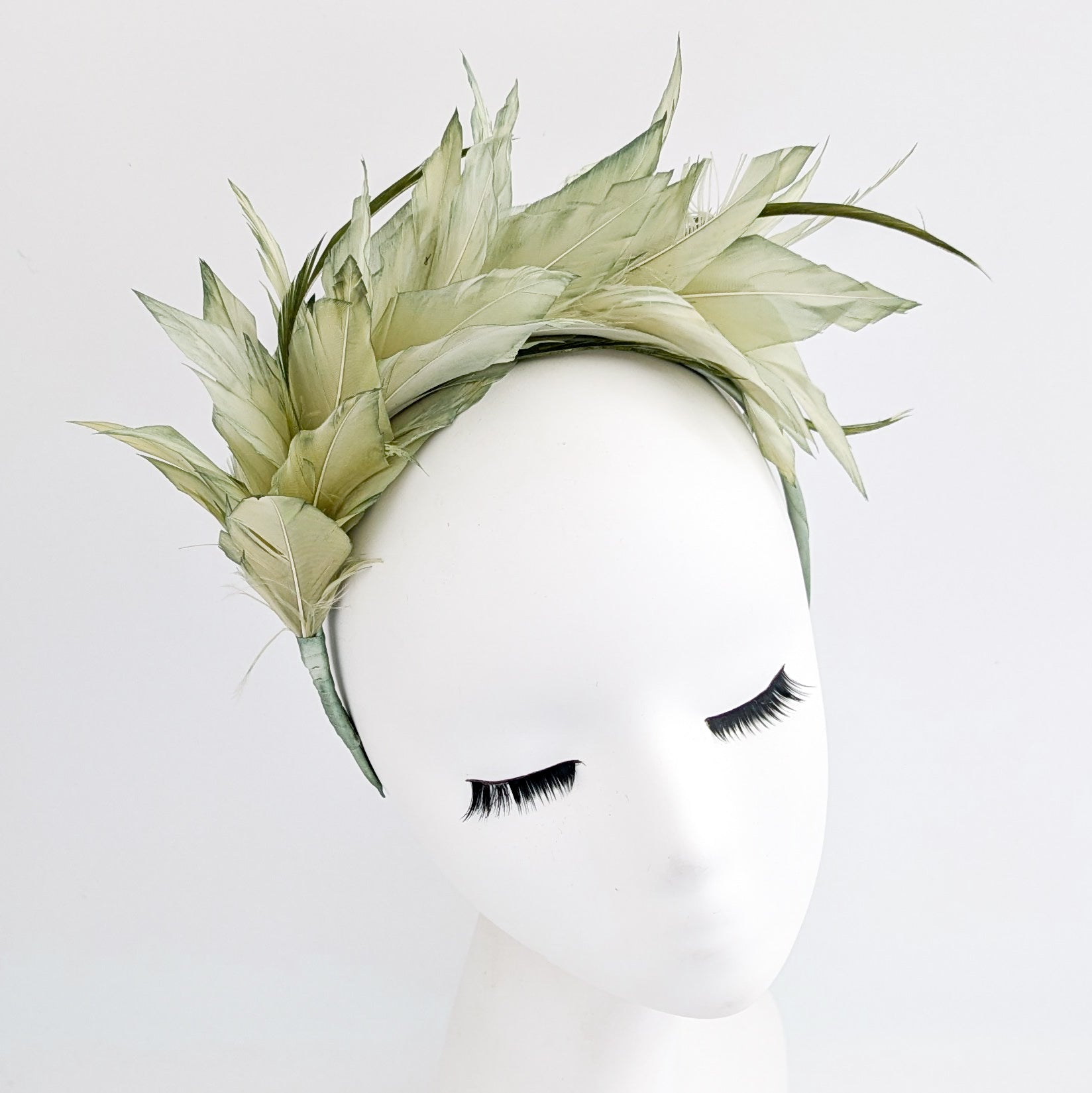 Light green ombre feather satin headband fascinator