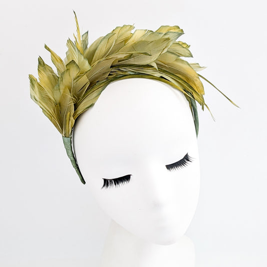 Chartreuse green ombre feather satin headband fascinator