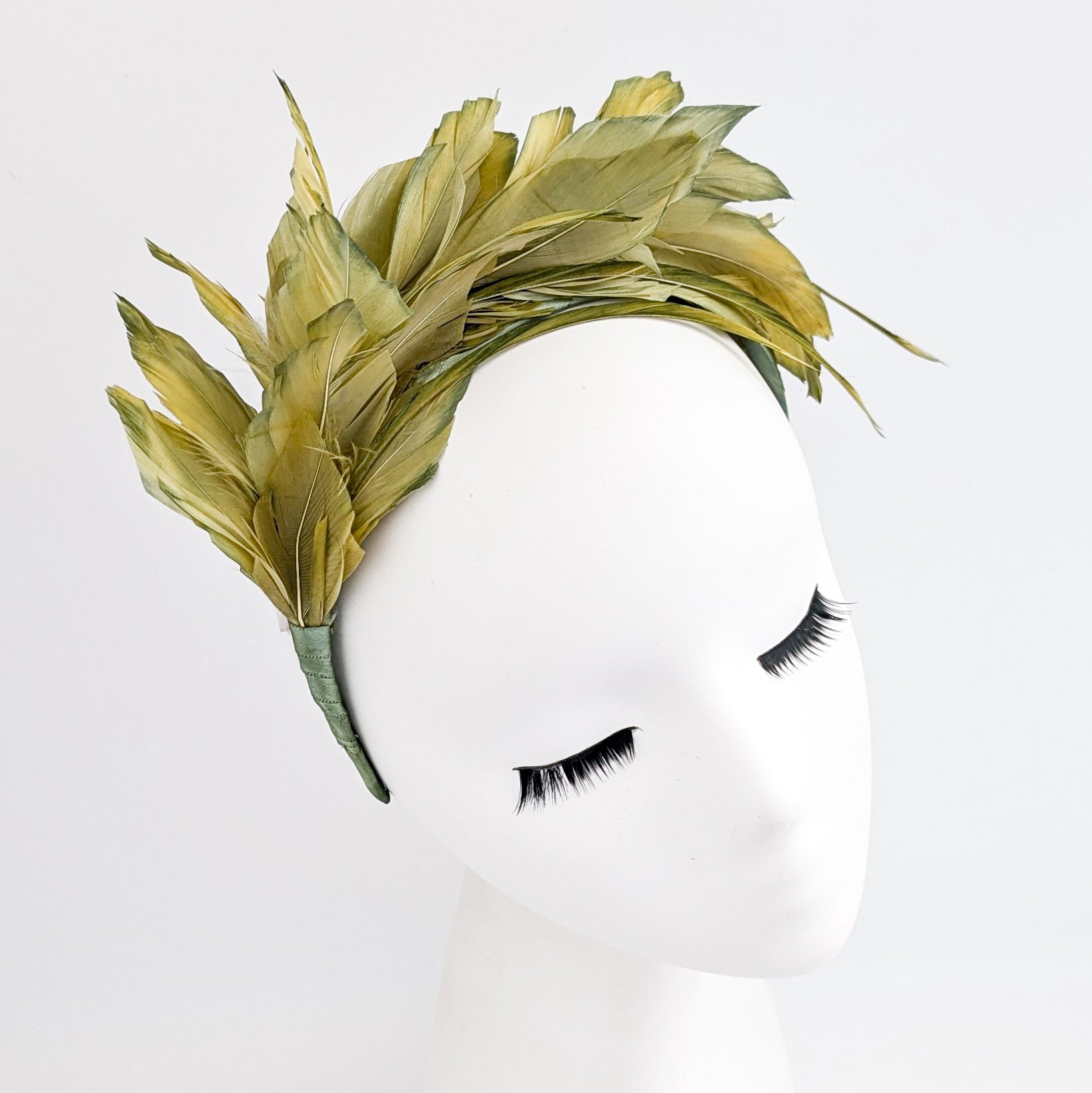Chartreuse green ombre feather satin headband fascinator