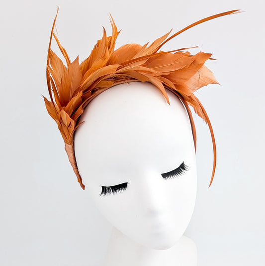 Burnt orange feather satin headband fascinator