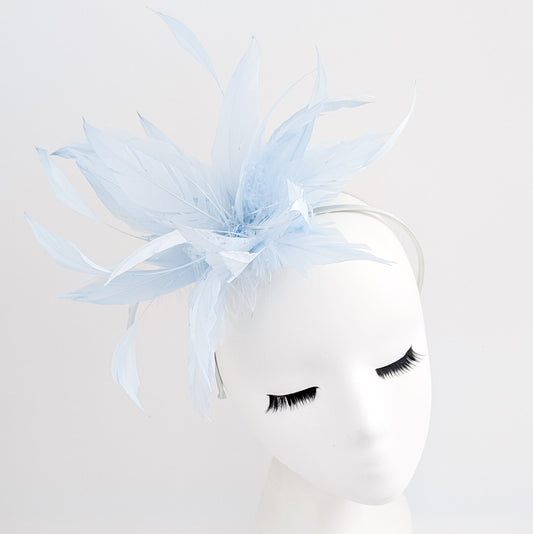 Light baby blue feather fascinator hat
