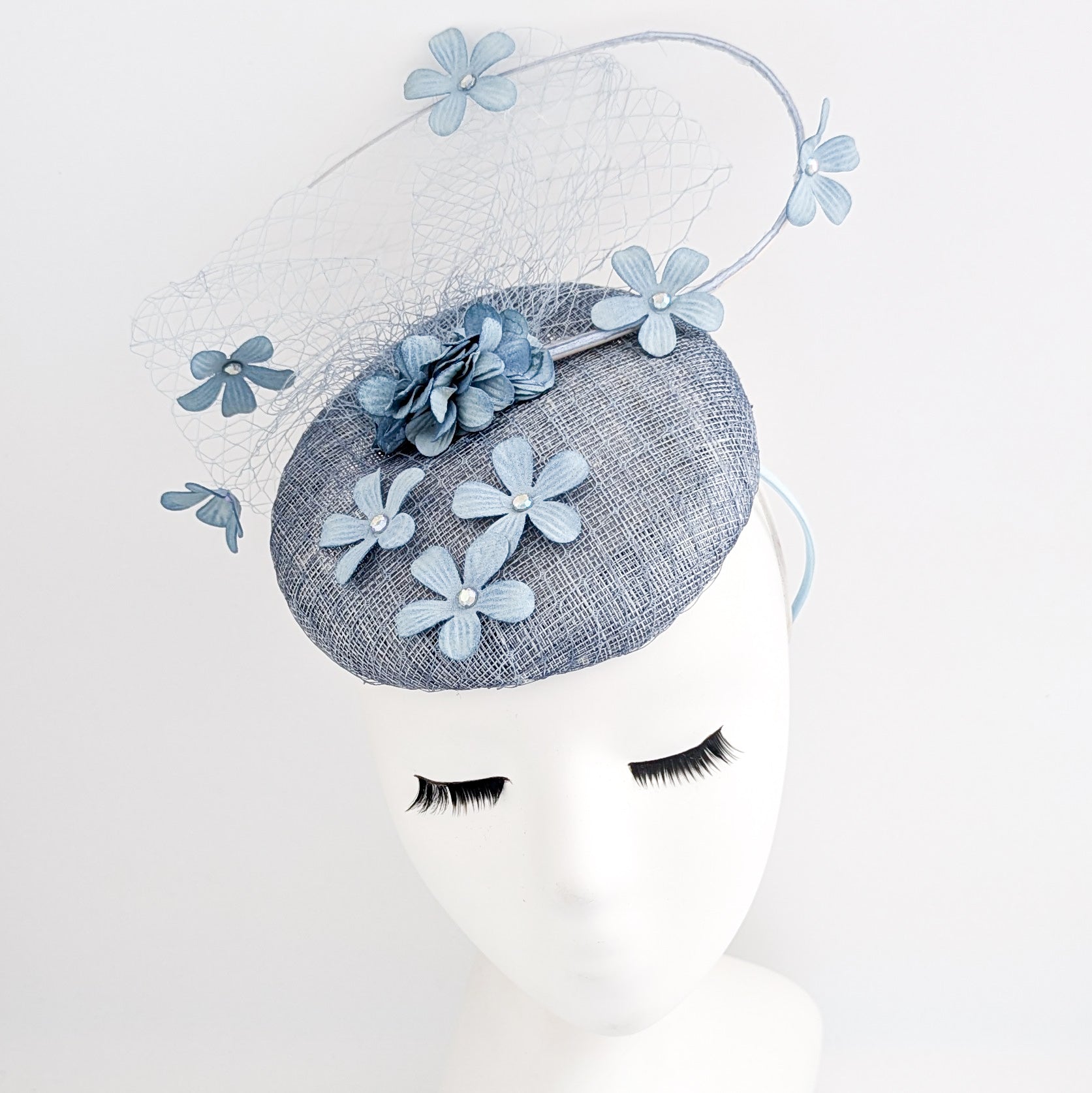 Cool dusty blue flower fascinator hat