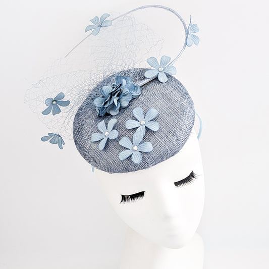 Cool dusty blue flower fascinator hat