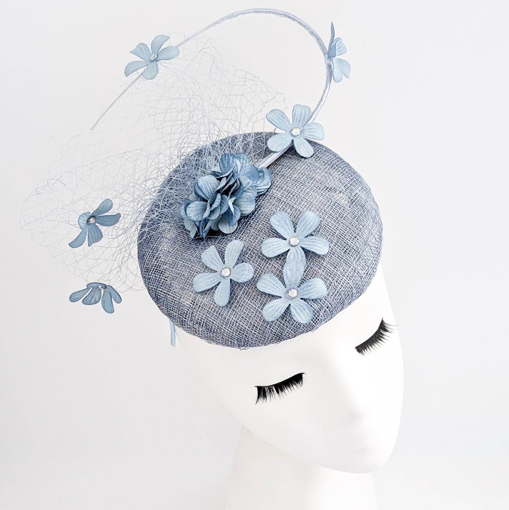 Cool dusty blue flower fascinator hat