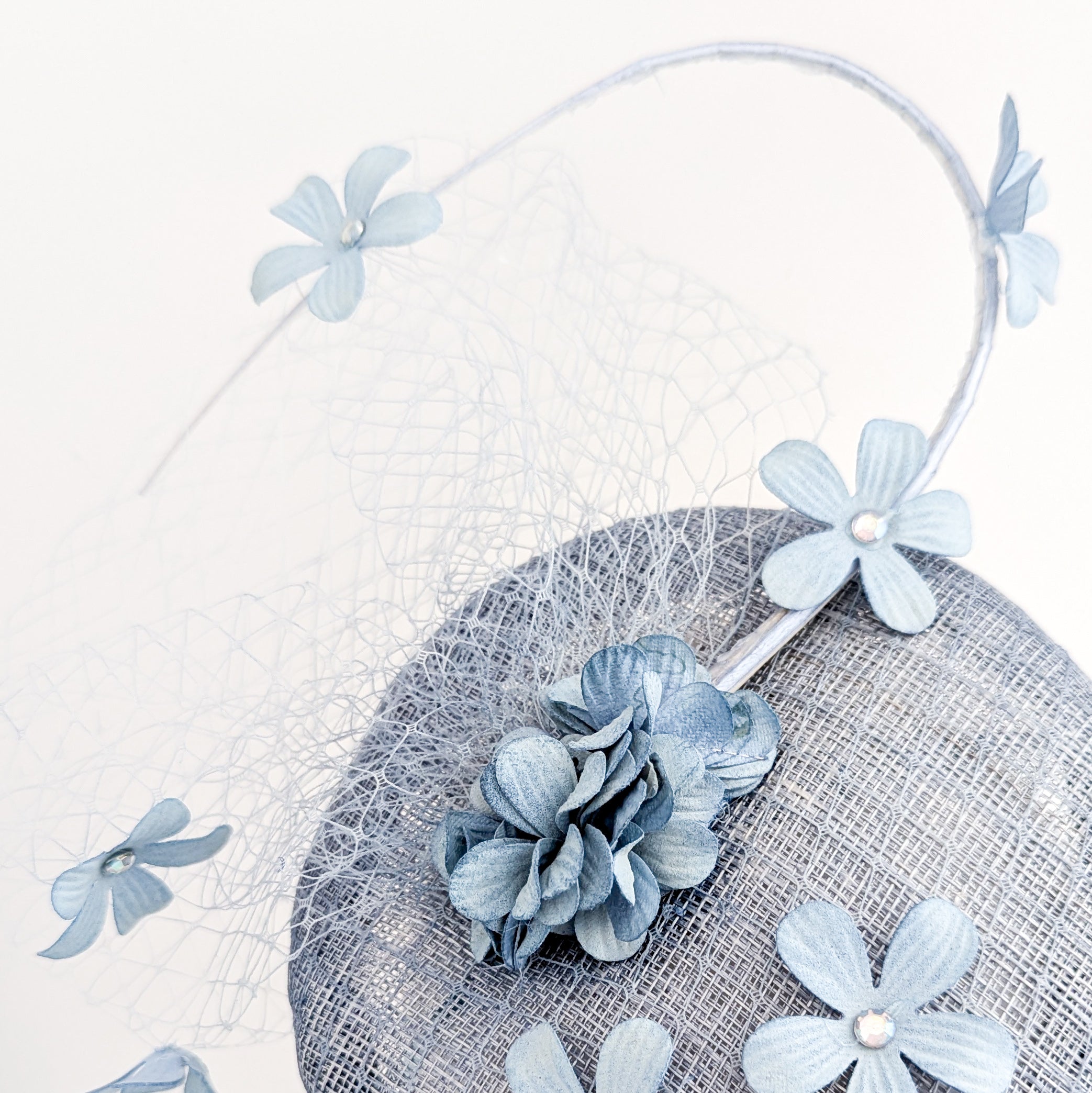 Cool dusty blue flower fascinator hat