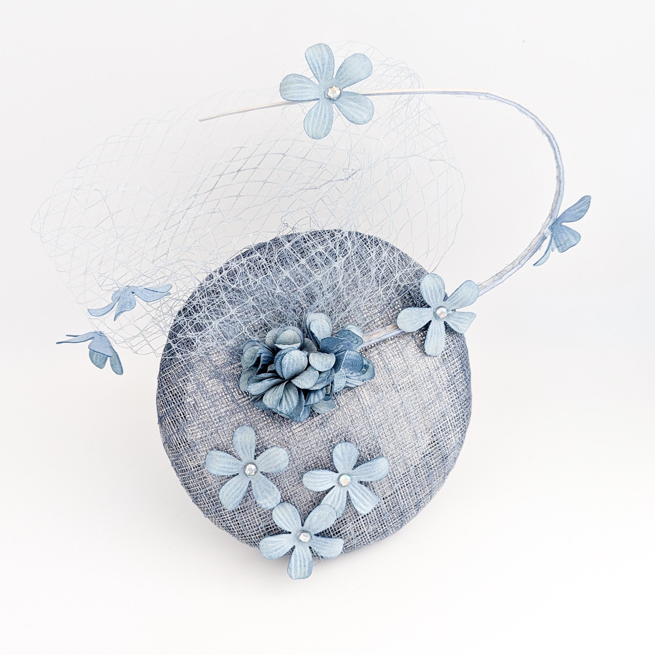 Cool dusty blue flower fascinator hat